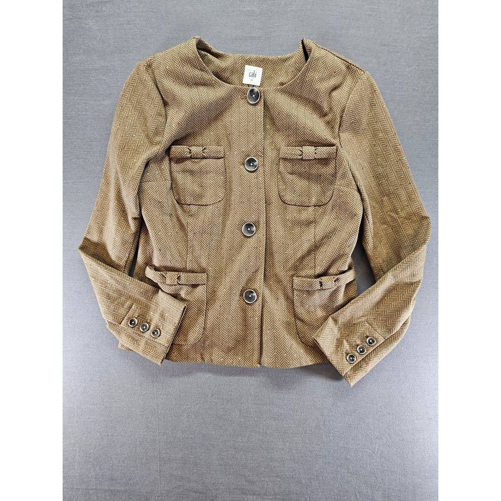 Cabi Herringbone Confetti Blazer Jacket Brown Tan Multi Bow Pockets Size M 3170